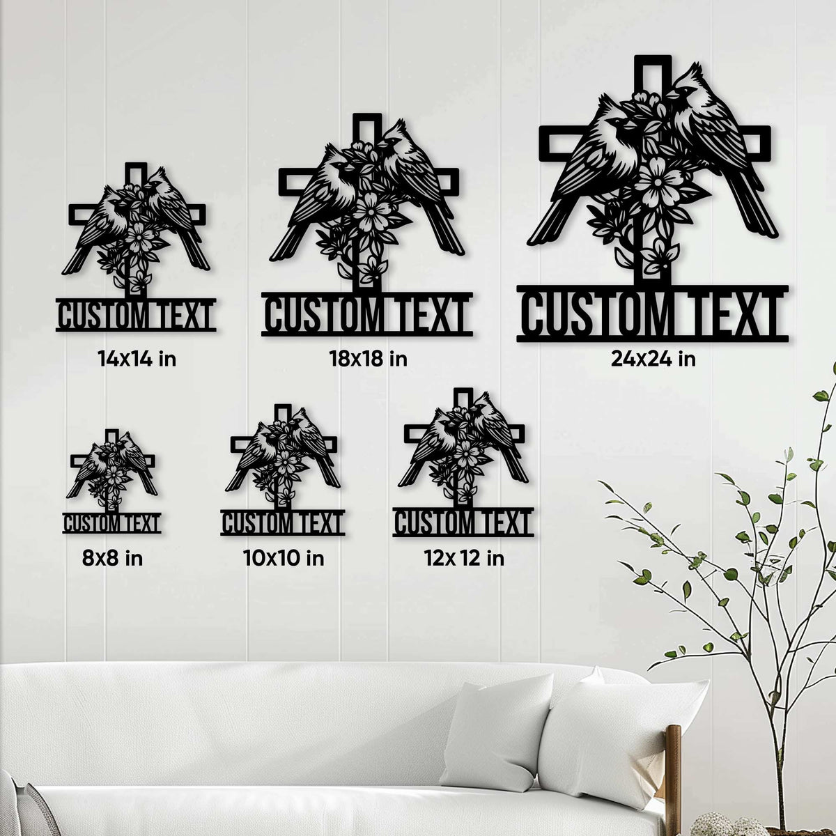 Cardinal cross metal sign shown in multiple size options for wall decor and display spaces