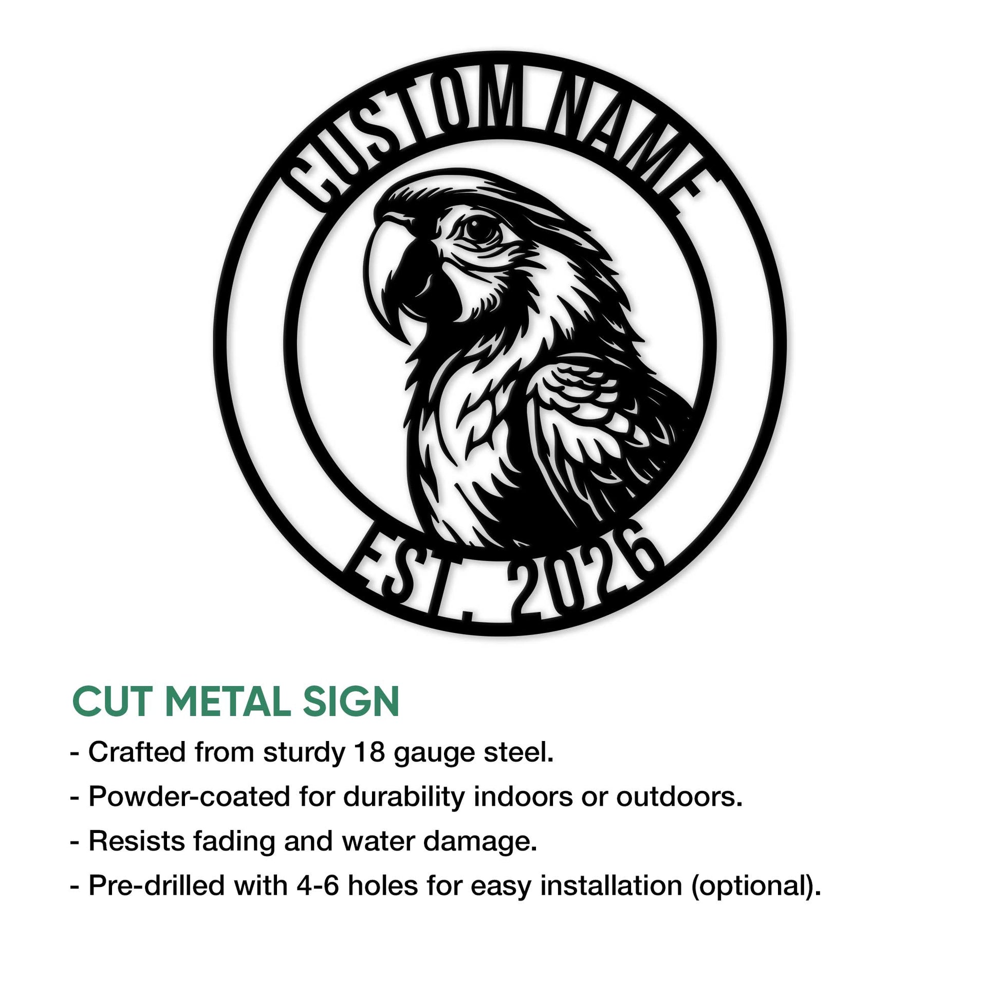 Parrot metal sign feature infographic showing the circular bird artwork and product presentation