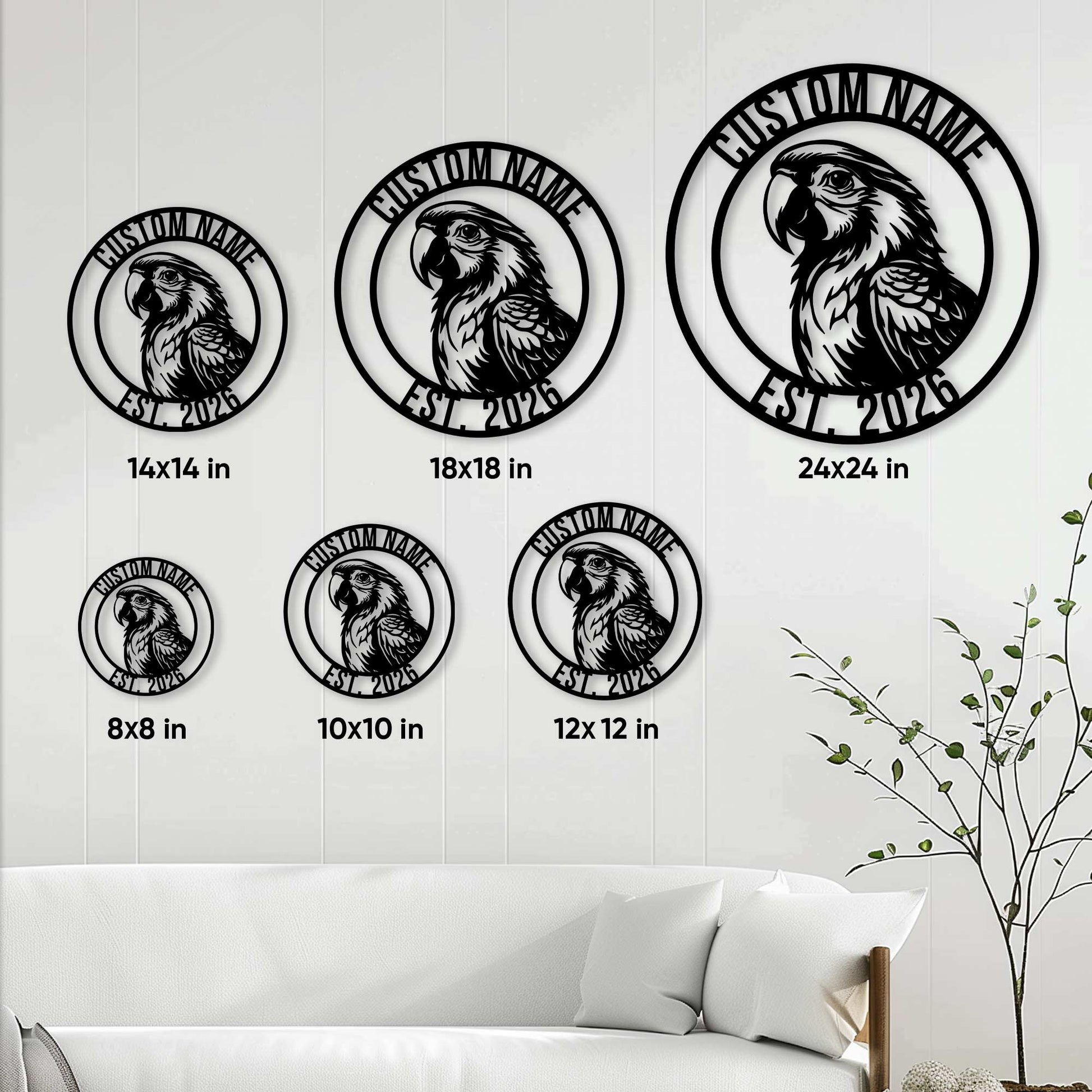 Parrot metal sign size guide showing multiple circular size options from small to large