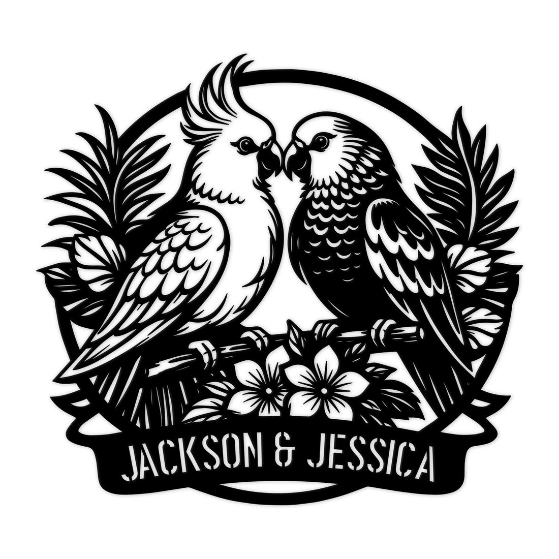 Custom parrot metal sign featuring two parrots perched together among flowers and leafy branches