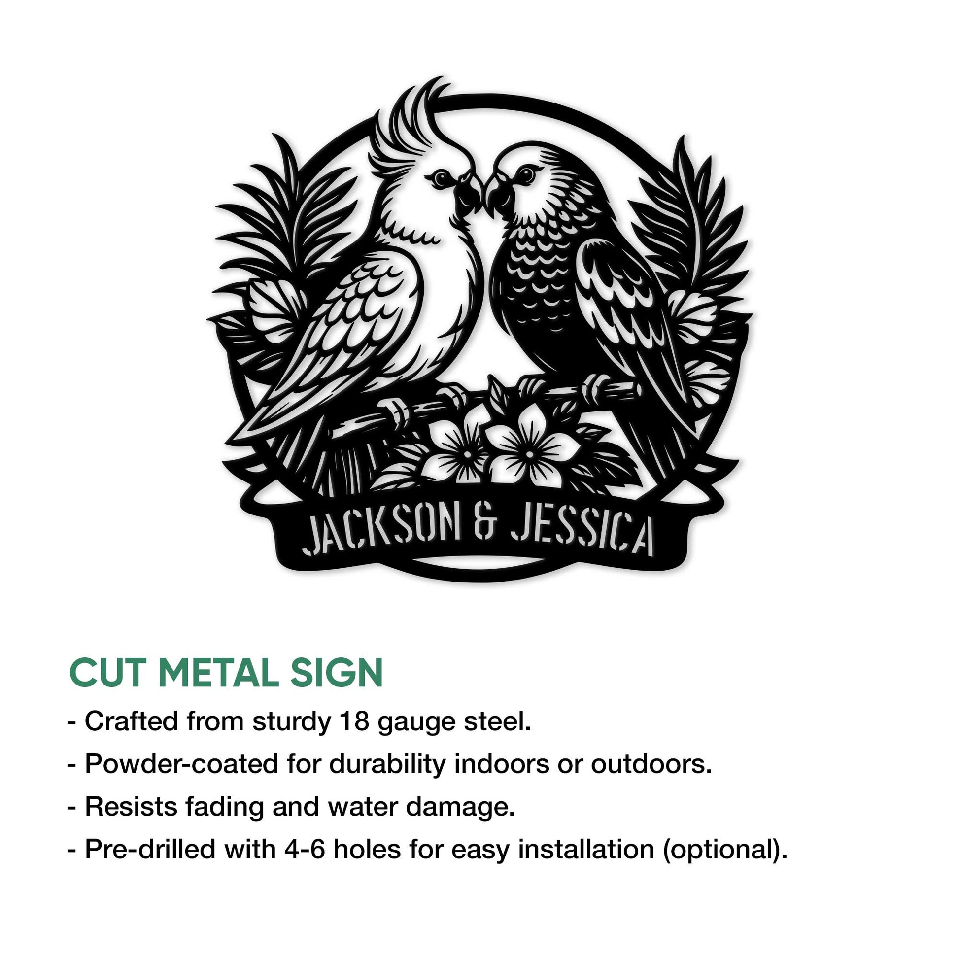 Parrot metal sign product graphic highlighting its cut-metal design and display features