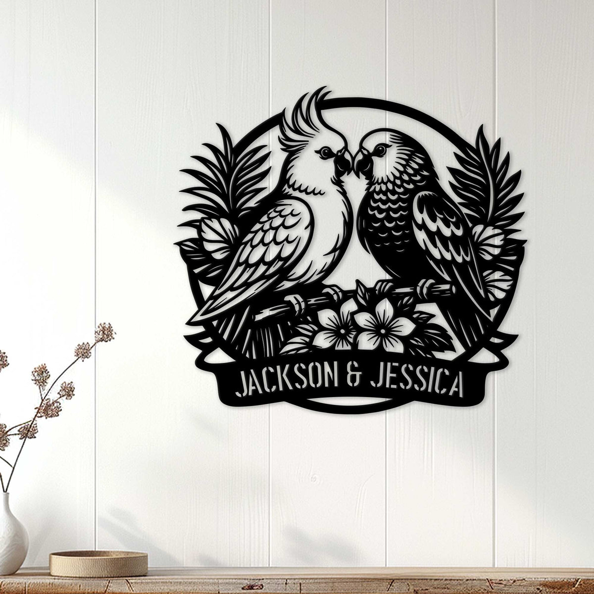 Parrot wall decor displayed on a light paneled wall above a console table