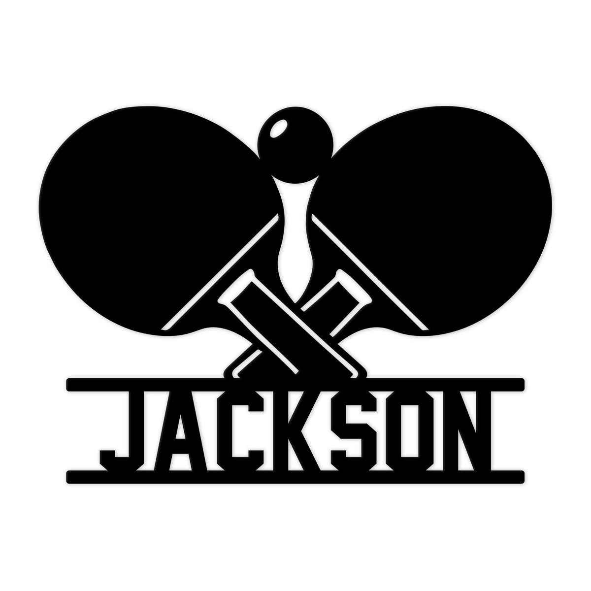 Table tennis metal sign featuring crossed paddles and a ping pong ball in a bold silhouette design