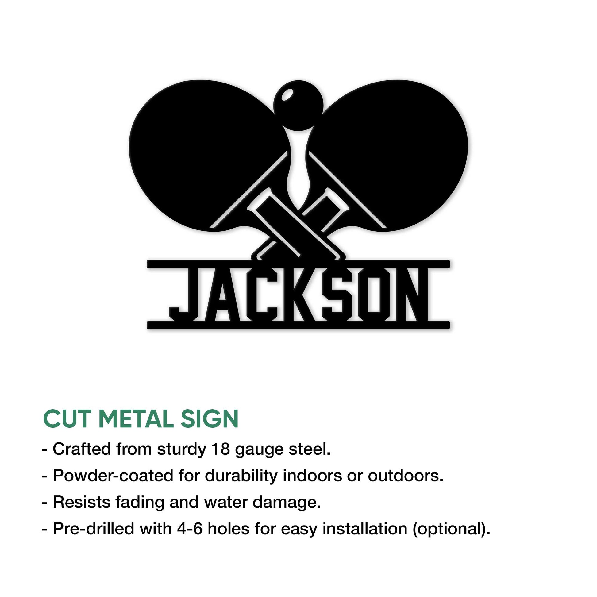 Cut metal table tennis sign with crossed paddles and ball, shown in a product feature presentation