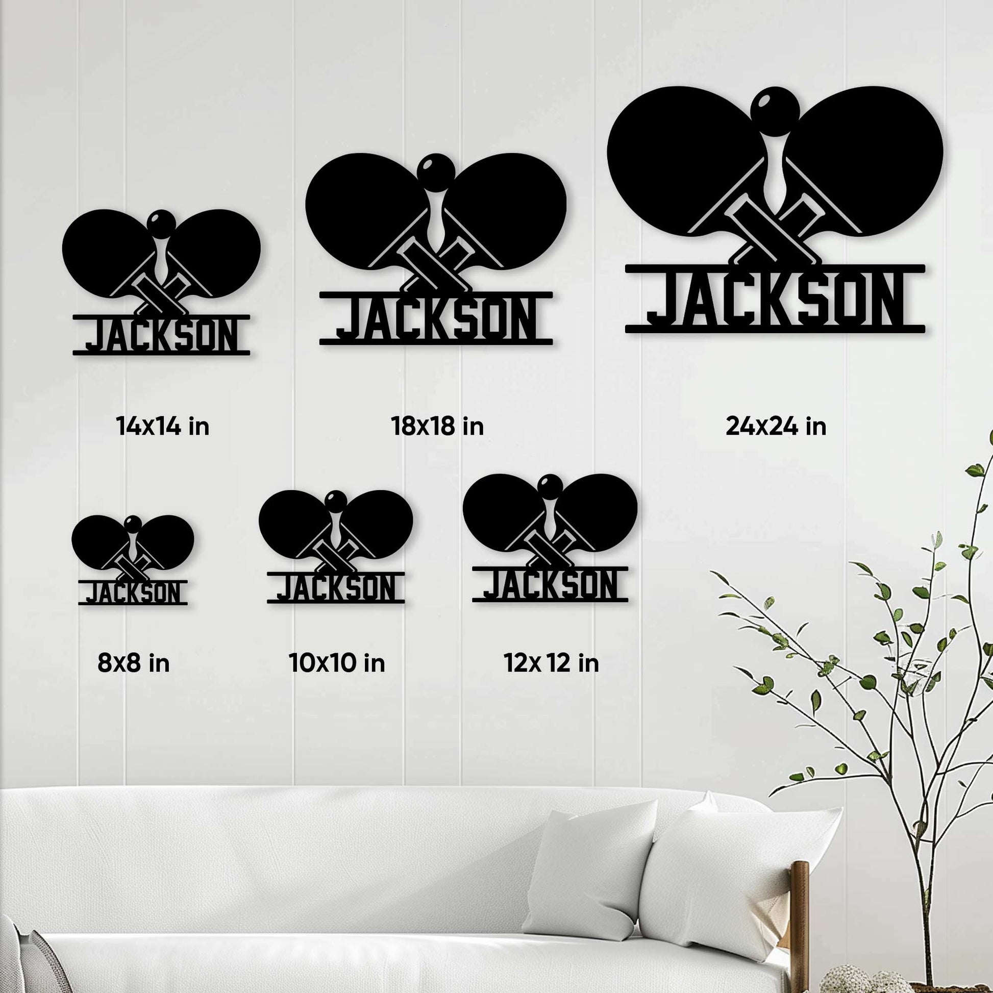 Table tennis metal sign size guide showing multiple square size options for wall display