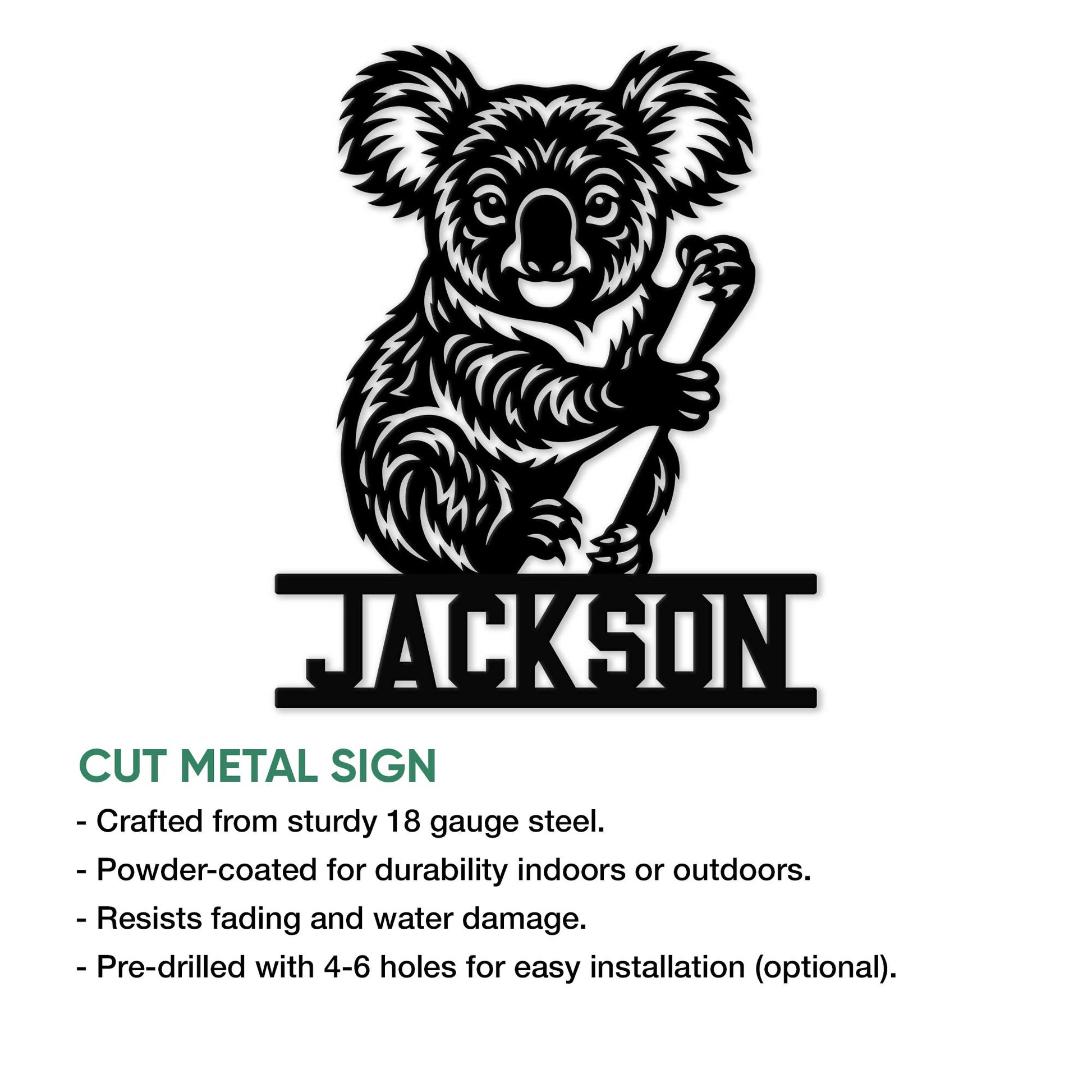 Koala cut metal sign feature graphic showing the black animal artwork and product presentation