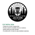 Disc golf metal sign product infographic showing a forest basket design and cut metal sign features