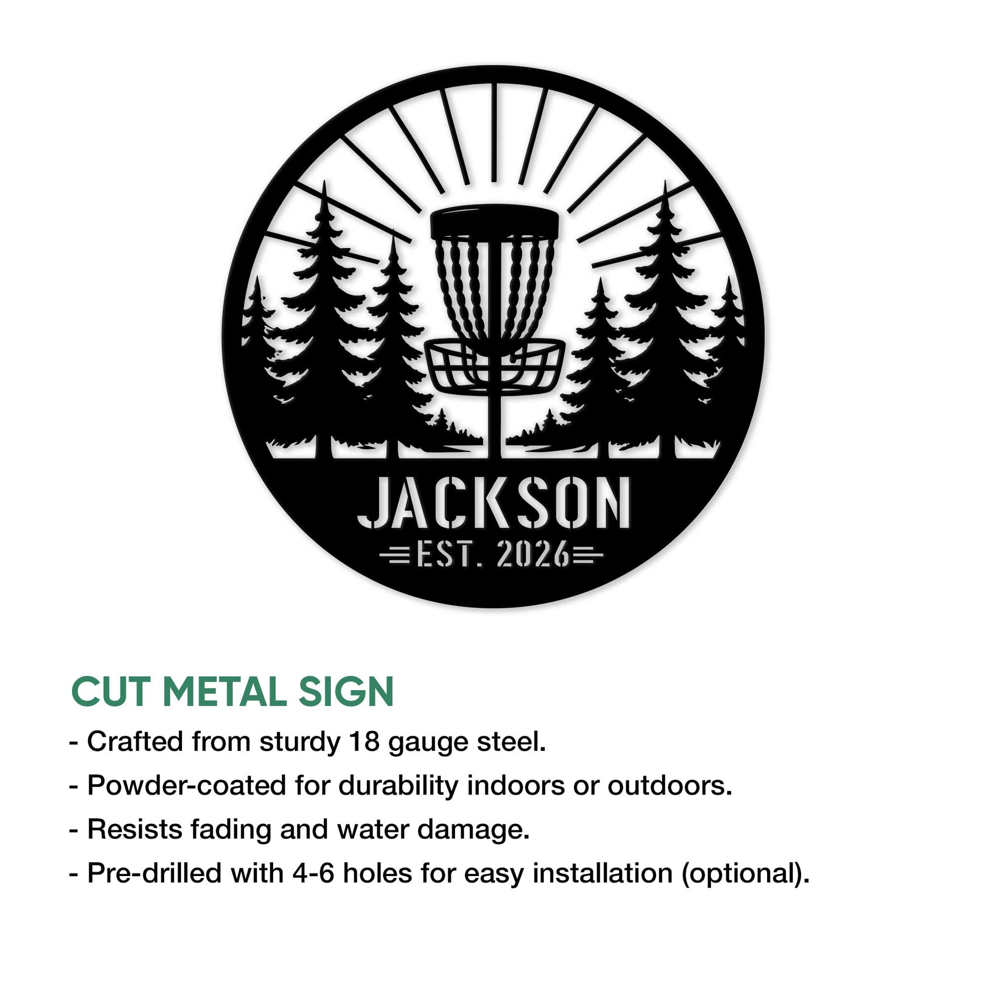 Disc golf metal sign product infographic showing a forest basket design and cut metal sign features