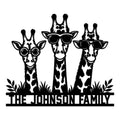 Custom giraffe family metal sign featuring three playful giraffes wearing sunglasses