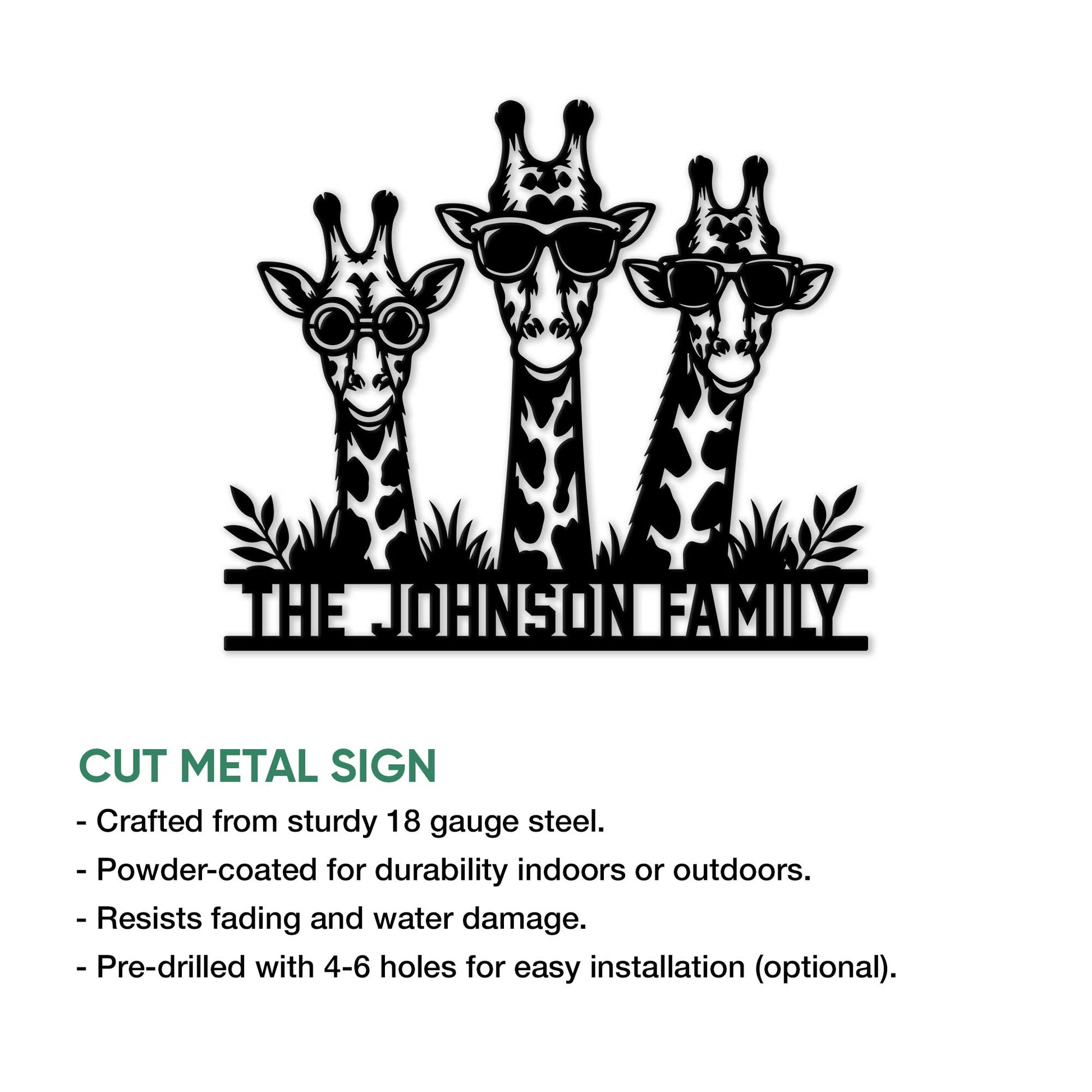 Giraffe family metal sign feature graphic highlighting cut-metal construction and indoor or outdoor display