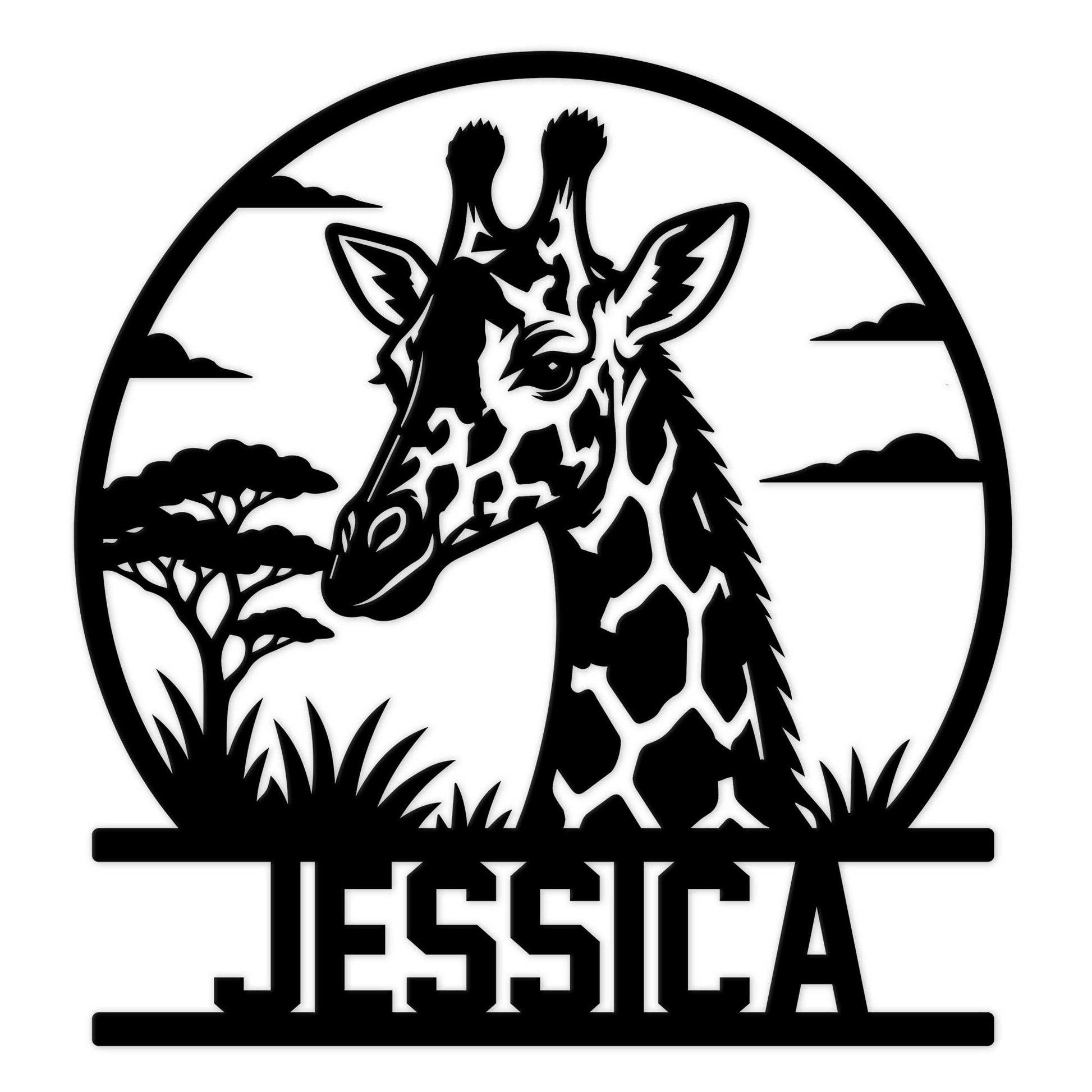 Black giraffe metal sign featuring a detailed giraffe portrait, savanna trees, grass, clouds, and a circular frame