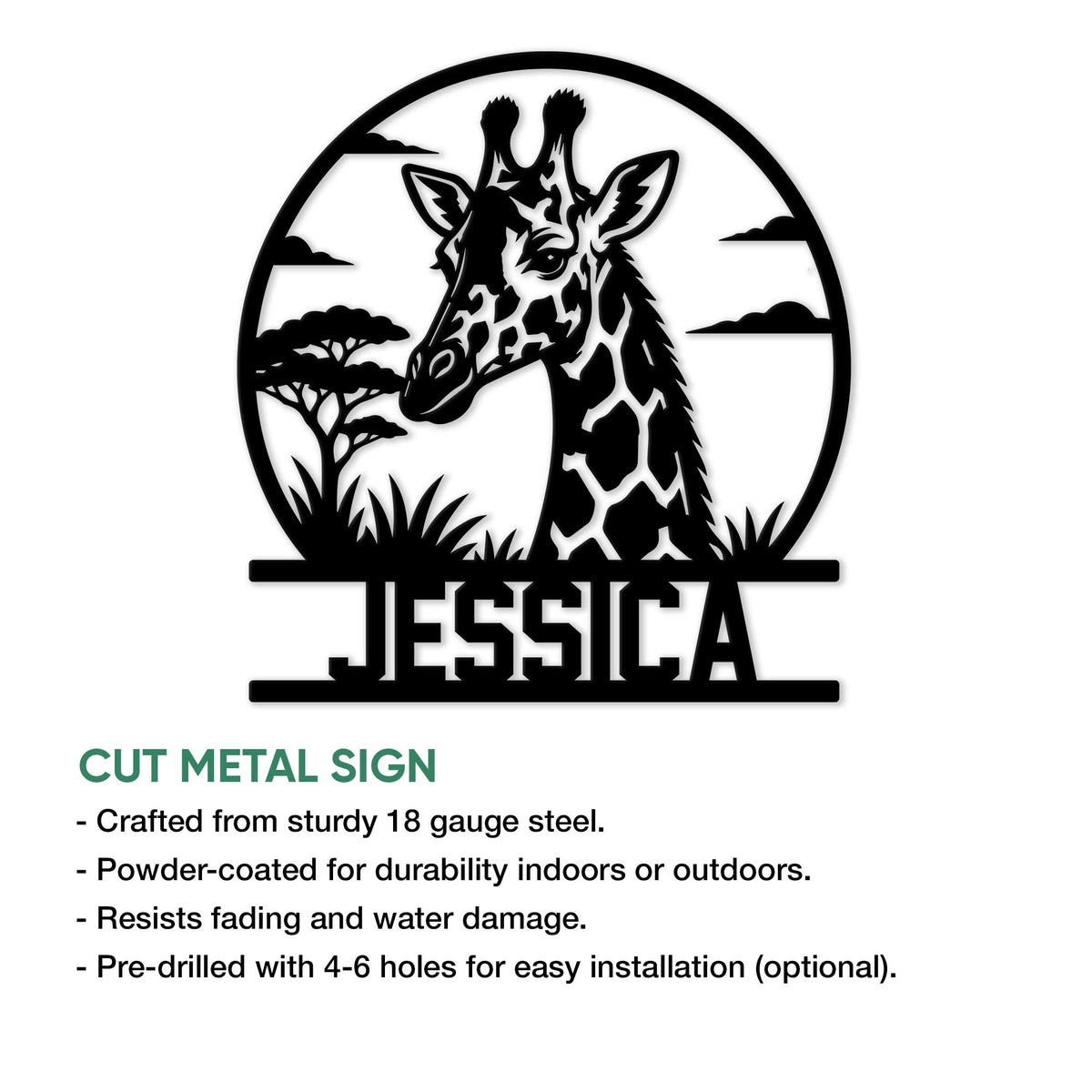 Giraffe cut-metal sign feature graphic showing the African savanna silhouette design and wall decor presentation