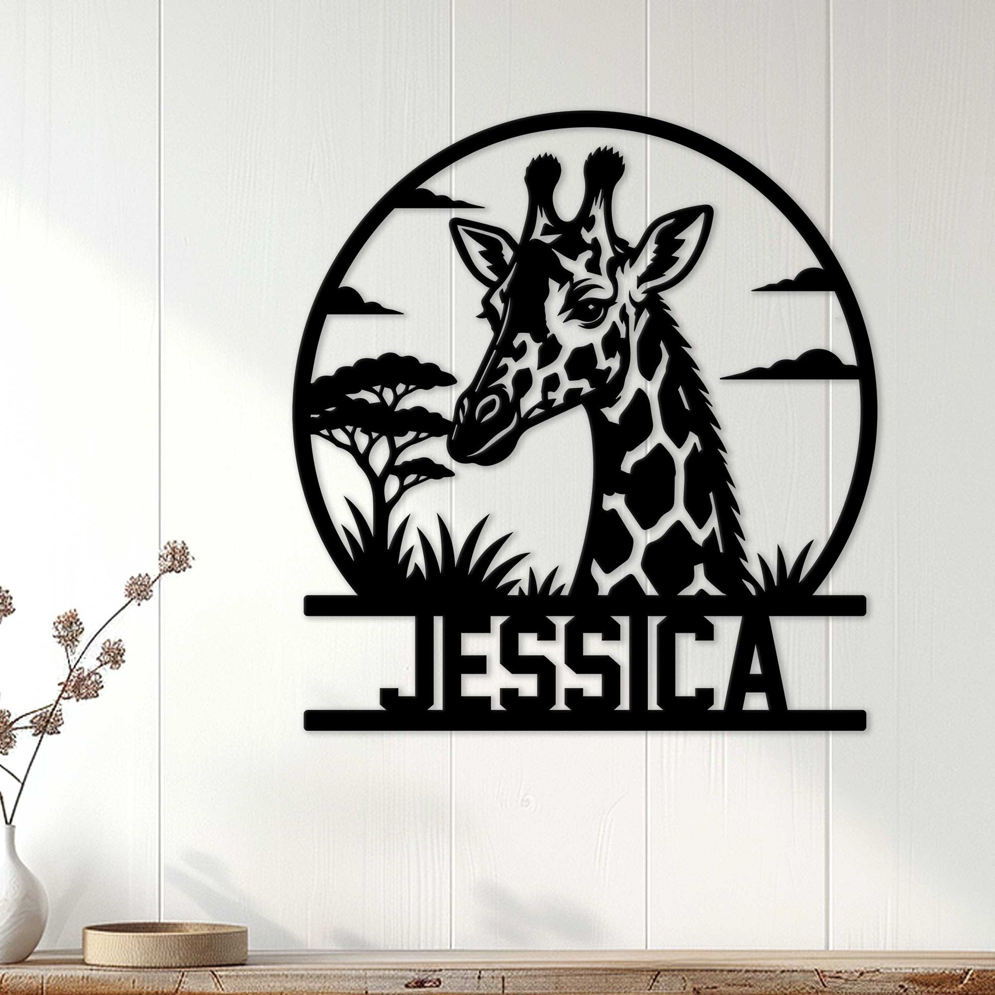 Giraffe metal wall sign displayed on white vertical paneling in a bright home interior