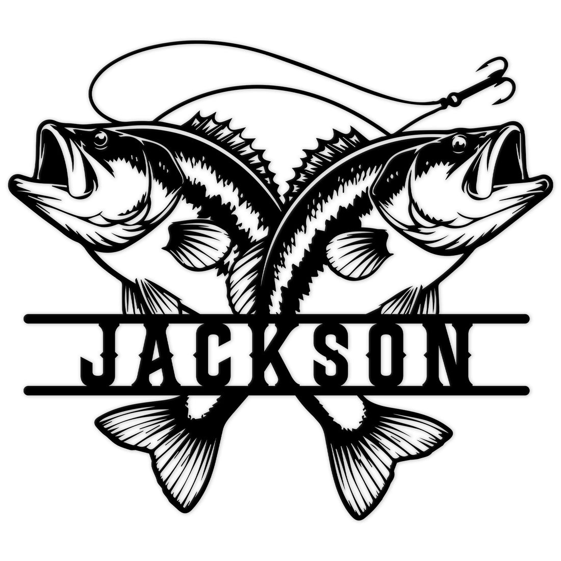 Custom bass fishing metal sign featuring two largemouth bass and a detailed fishing hook design