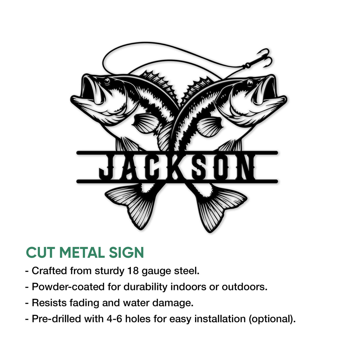 Bass fishing metal sign feature graphic showing two illustrated largemouth bass in a bold cut-metal design