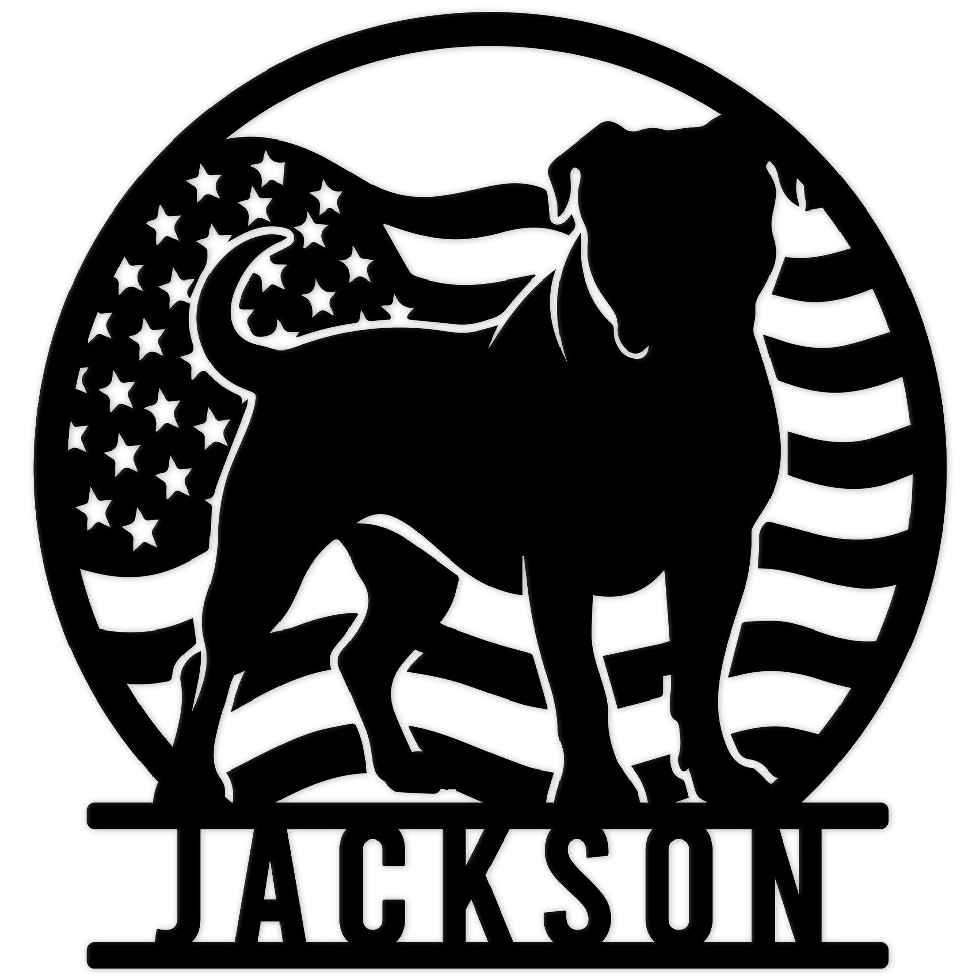 Custom American Bulldog metal sign with a bold dog silhouette framed by stars and stripes