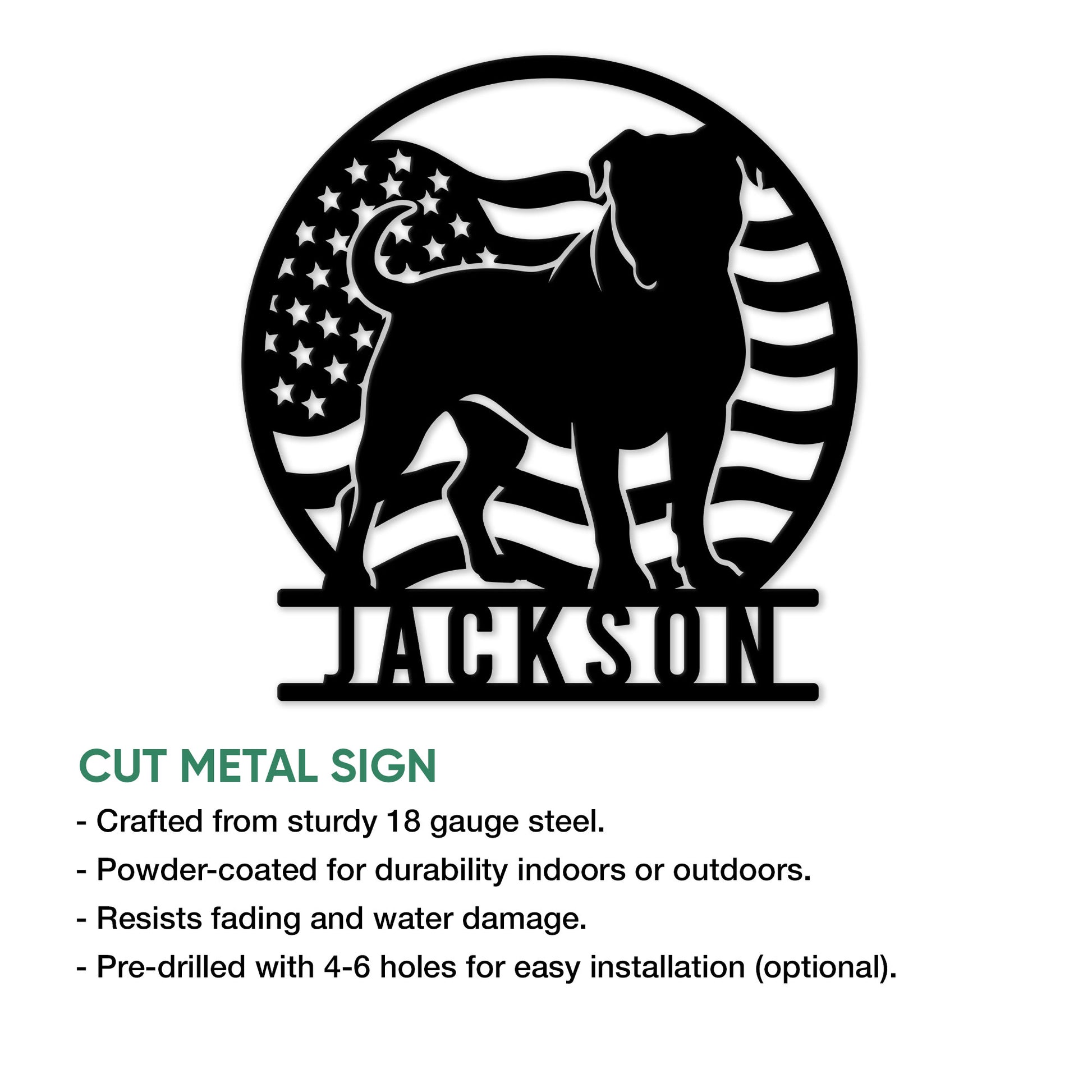 American Bulldog cut metal sign feature graphic showing the patriotic dog silhouette design