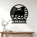American Bulldog metal wall sign displayed on a light paneled wall above a console table