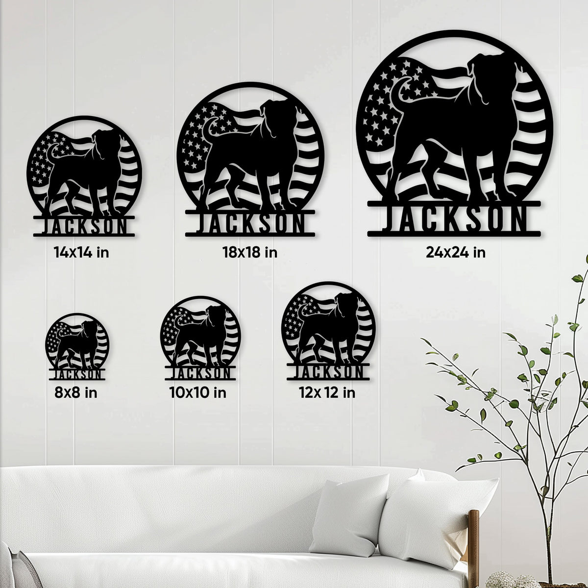 American Bulldog metal sign size guide showing multiple square size options in a living room