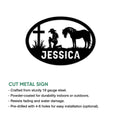Cowgirl and horse metal sign shown with a cross and details about cut steel sign construction