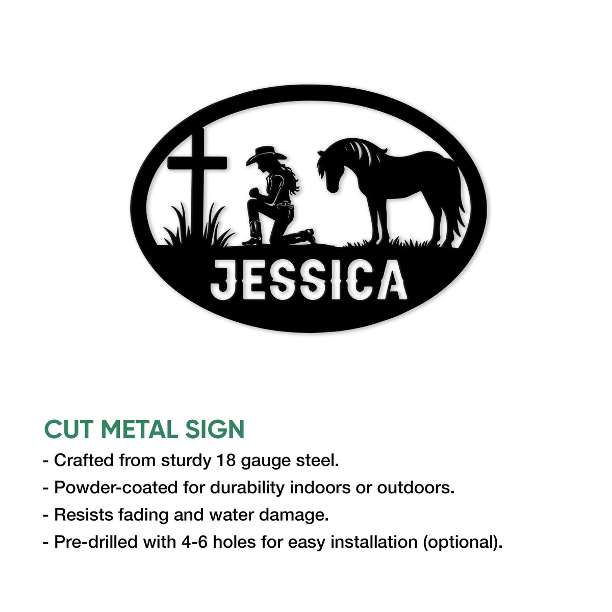 Cowgirl and horse metal sign shown with a cross and details about cut steel sign construction