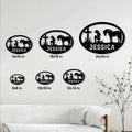 Cowgirl horse metal sign size guide showing six available square dimensions in an oval design