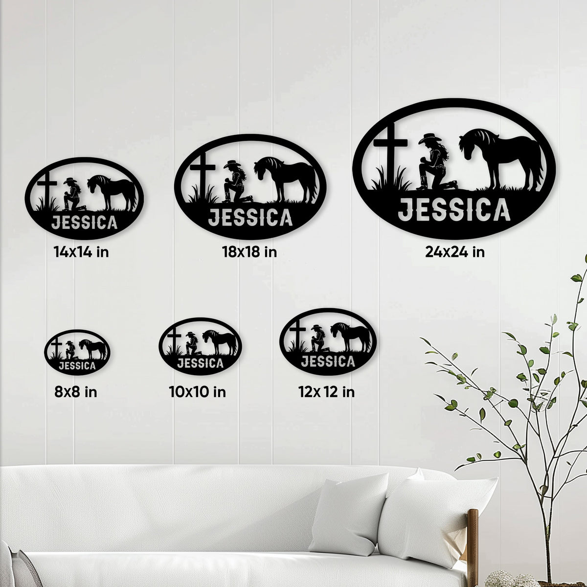Cowgirl horse metal sign size guide showing six available square dimensions in an oval design