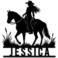 Black silhouette of a cowgirl riding a horse on a custom Western metal sign