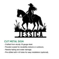 Cowgirl and horse silhouette metal sign shown with product feature details