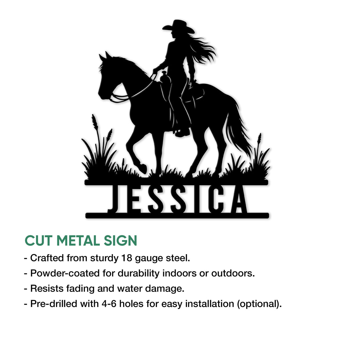 Cowgirl and horse silhouette metal sign shown with product feature details
