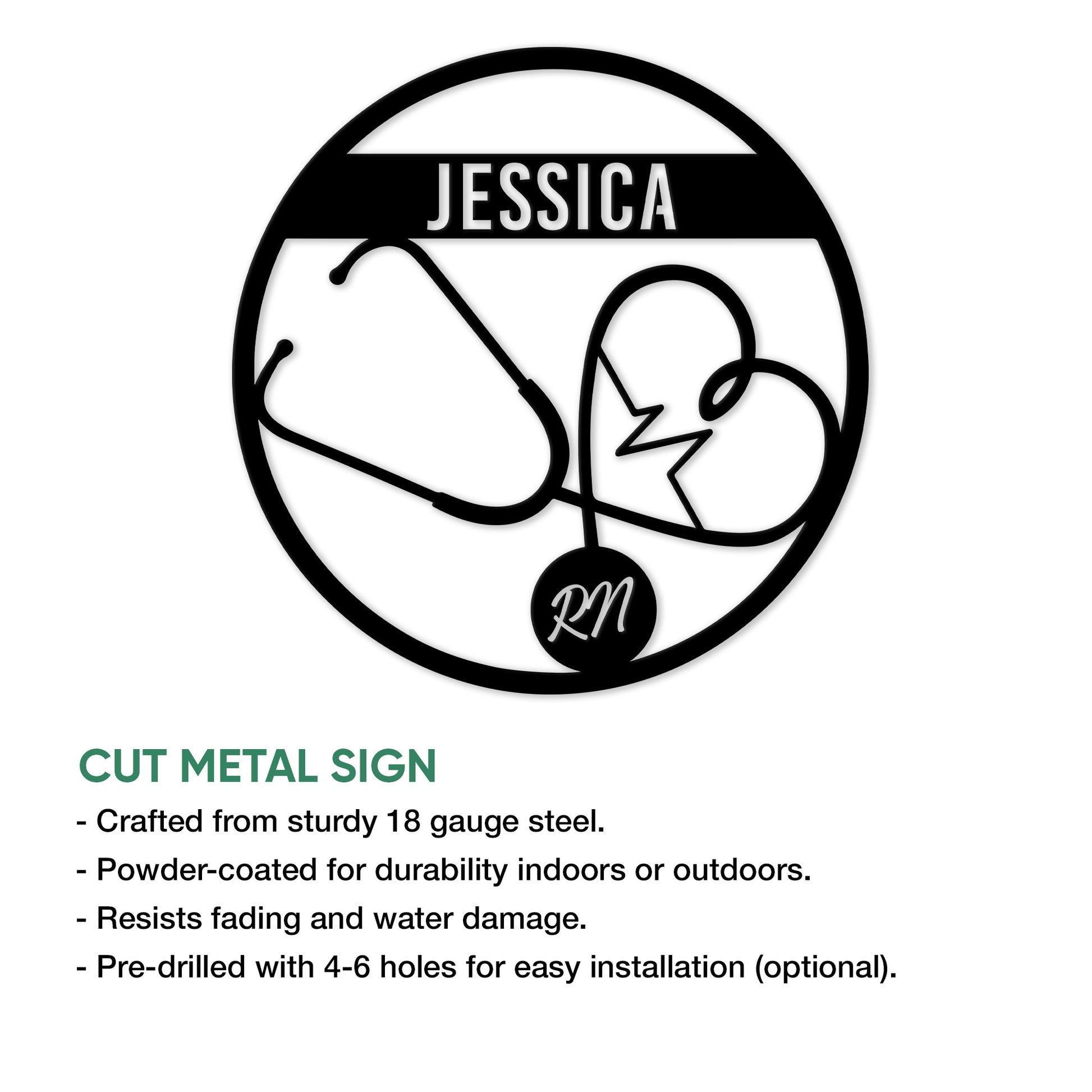 Nurse stethoscope heart metal sign shown in a product feature graphic for indoor or outdoor display