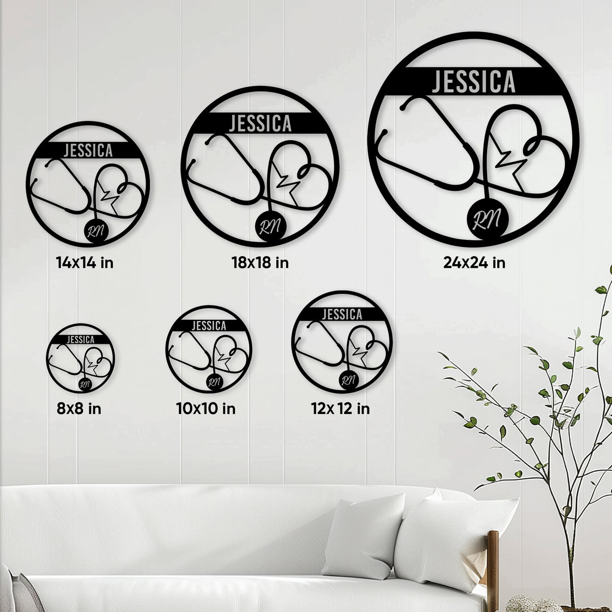 Nurse stethoscope heart metal sign size guide showing available sizes from 8 by 8 to 24 by 24 inches