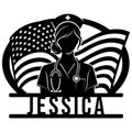 Custom nurse metal sign featuring a nursing silhouette, stethoscope, American flag, and cross detail