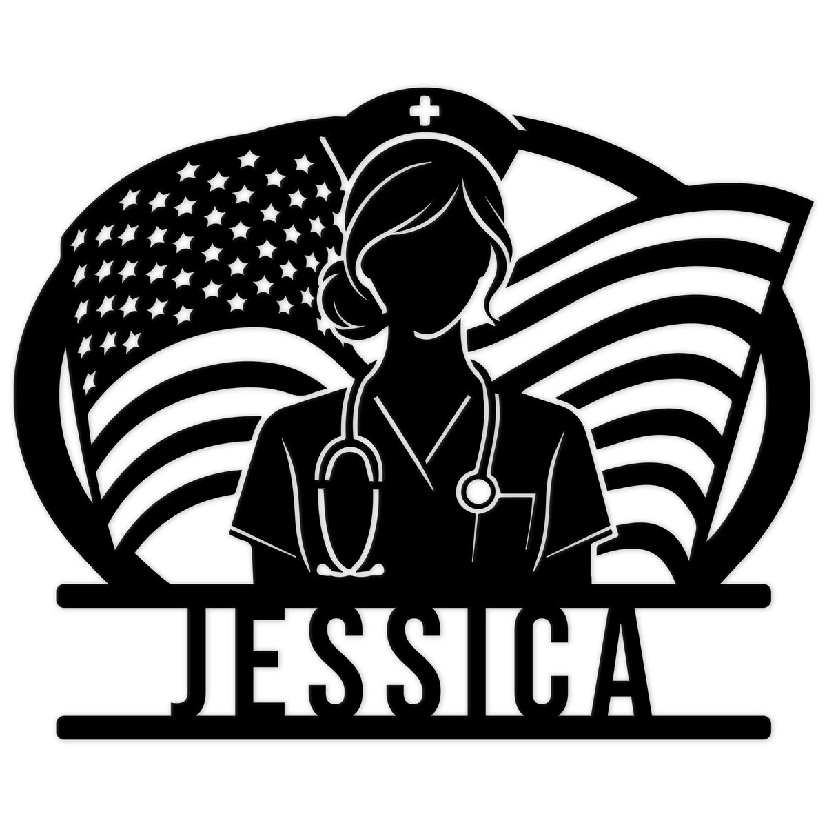 Custom nurse metal sign featuring a nursing silhouette, stethoscope, American flag, and cross detail