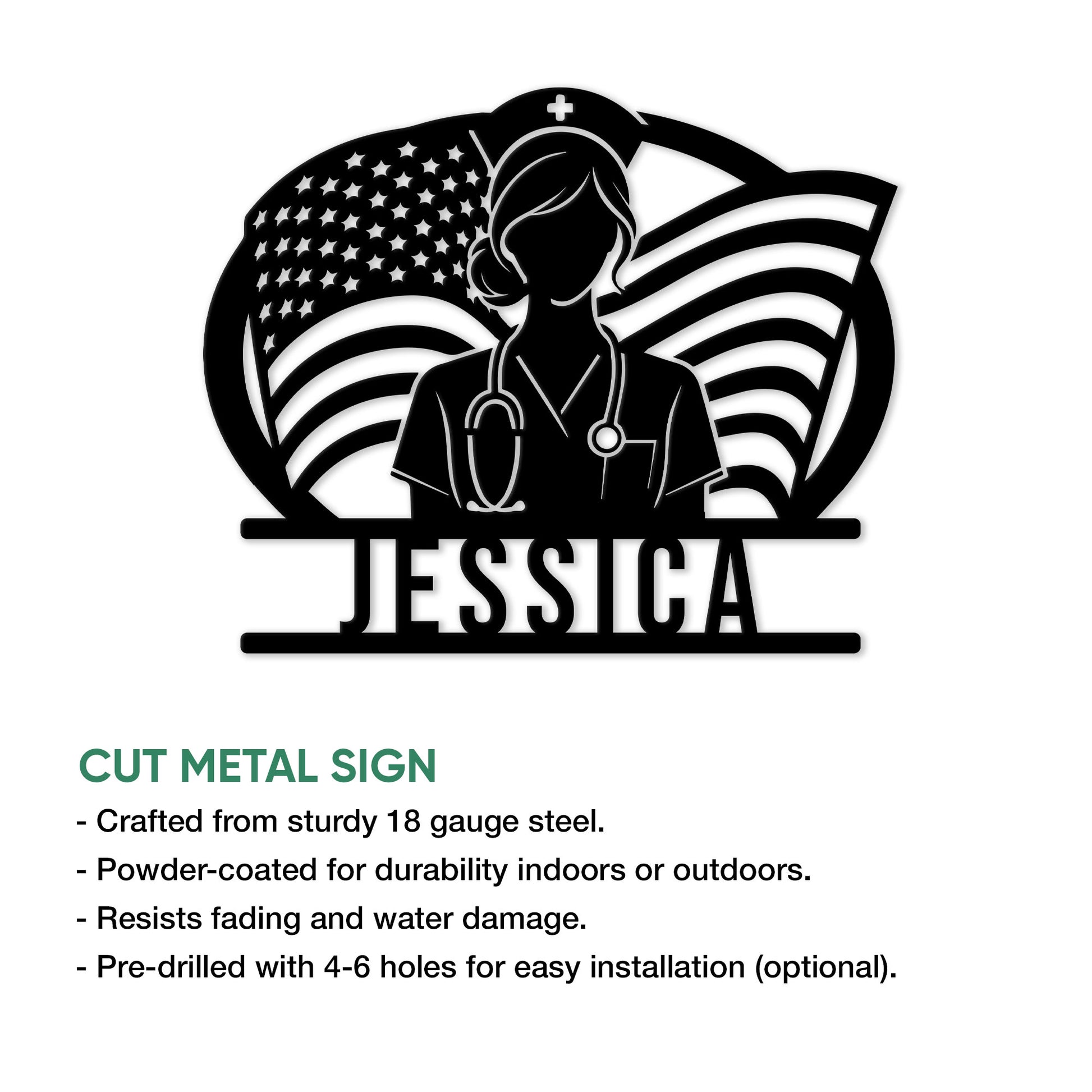 Nurse metal sign product infographic showing cut steel construction and indoor or outdoor display features