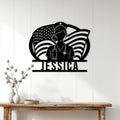 Patriotic nurse metal wall sign displayed above a console table in a bright home entryway