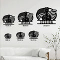 Nurse metal sign size guide showing multiple square size options displayed on a living room wall