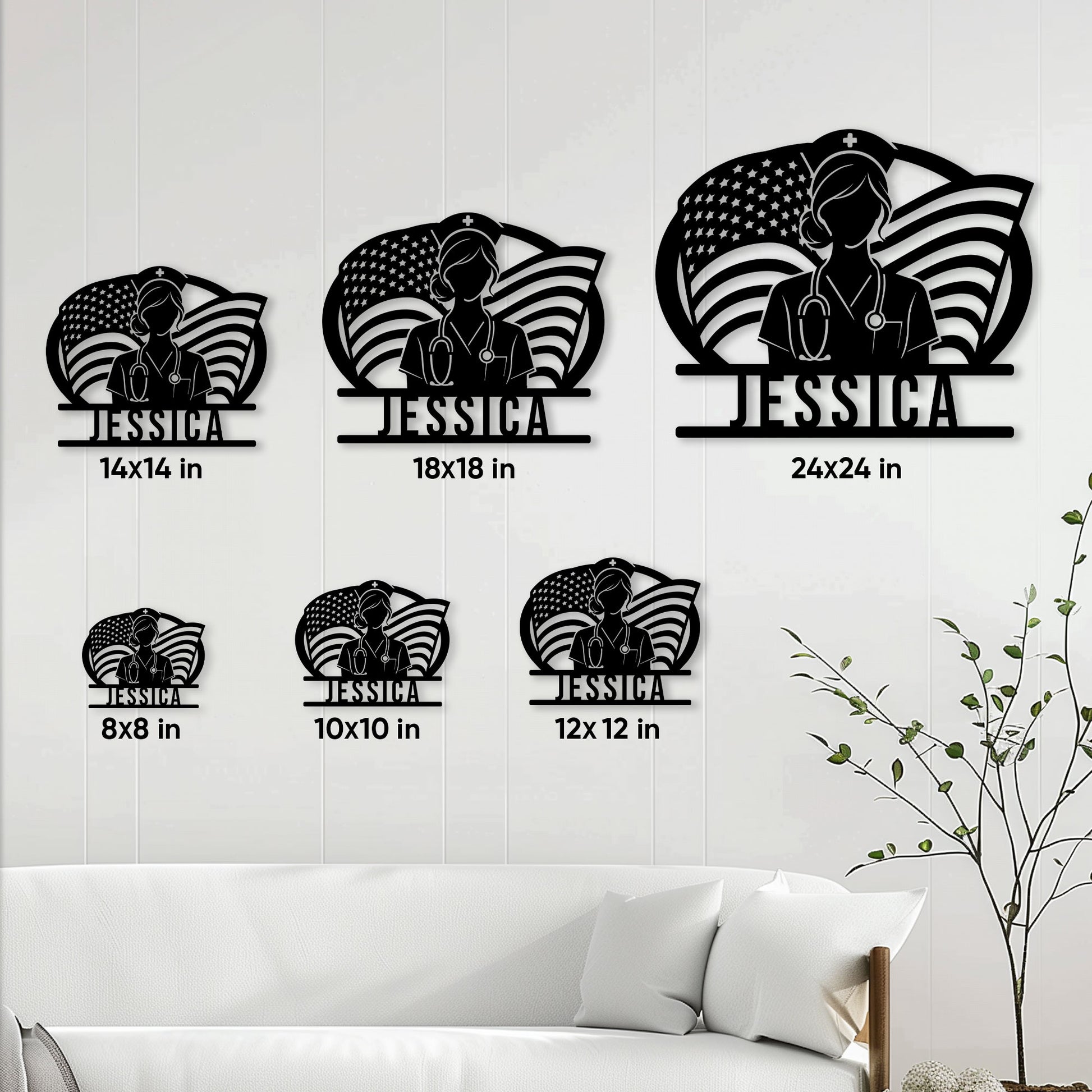 Nurse metal sign size guide showing multiple square size options displayed on a living room wall