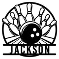 Custom bowling metal sign featuring a black bowling ball, scattered pins, and bold personalized-style lettering