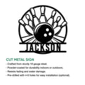 Bowling metal sign product graphic showing a ball and pins with a bold custom design for bowling fans