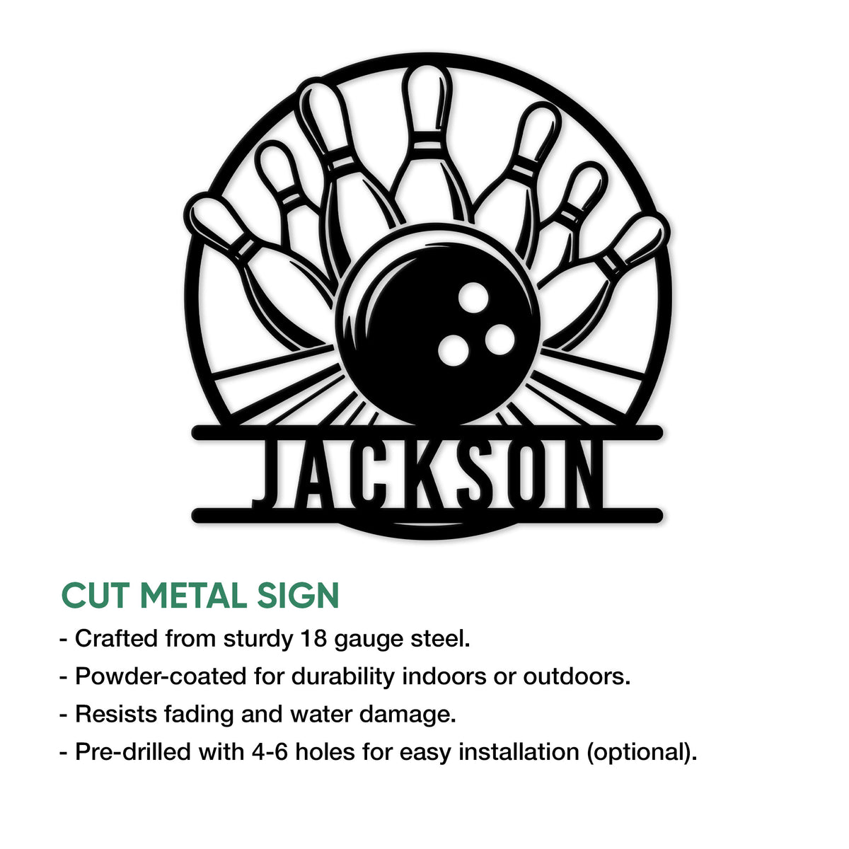 Bowling metal sign product graphic showing a ball and pins with a bold custom design for bowling fans