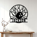 Bowling wall sign displayed above a console table in a bright home interior with a bowling ball and pins design