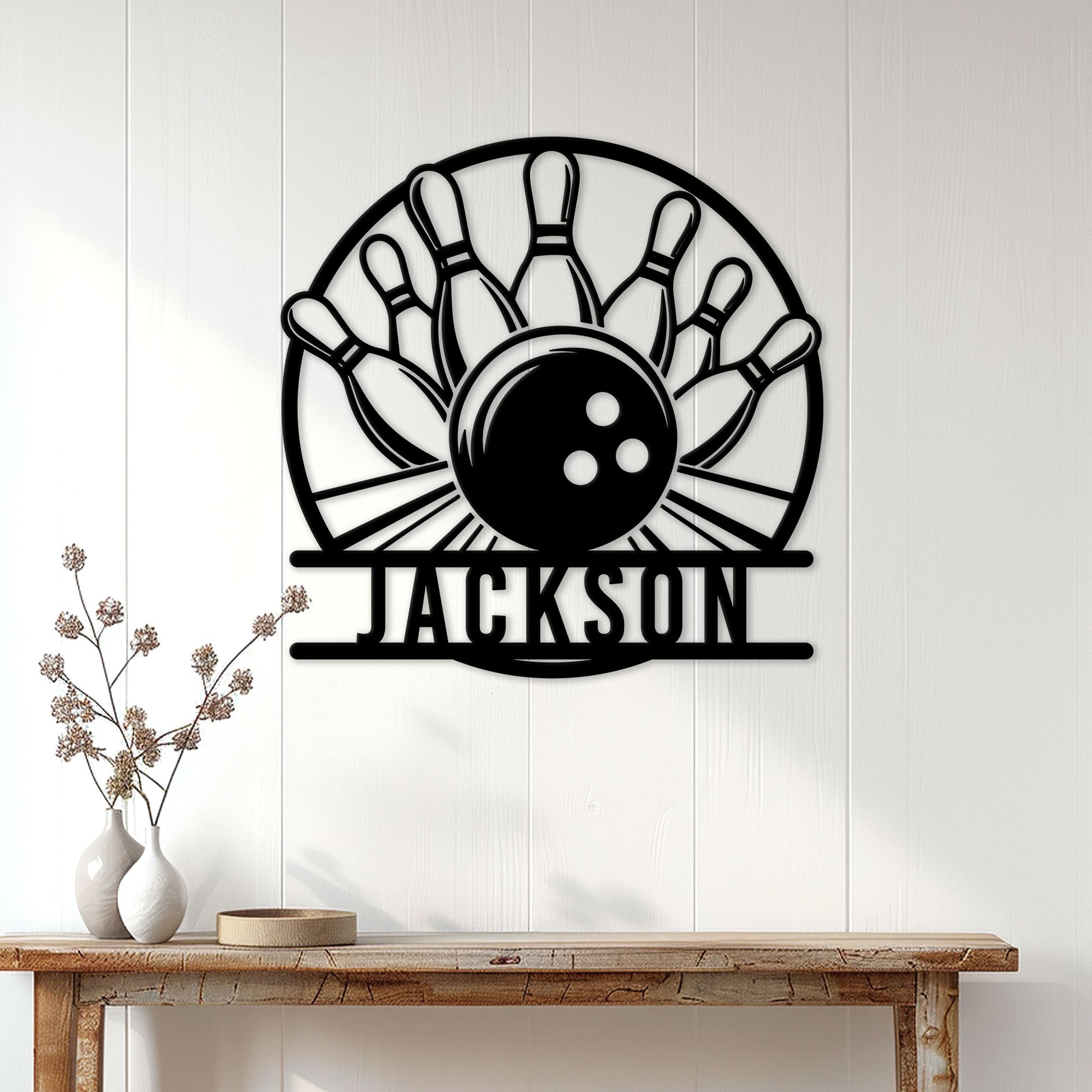 Bowling wall sign displayed above a console table in a bright home interior with a bowling ball and pins design