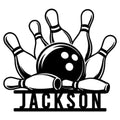 Custom bowling metal sign featuring a classic bowling ball striking pins in bold black artwork