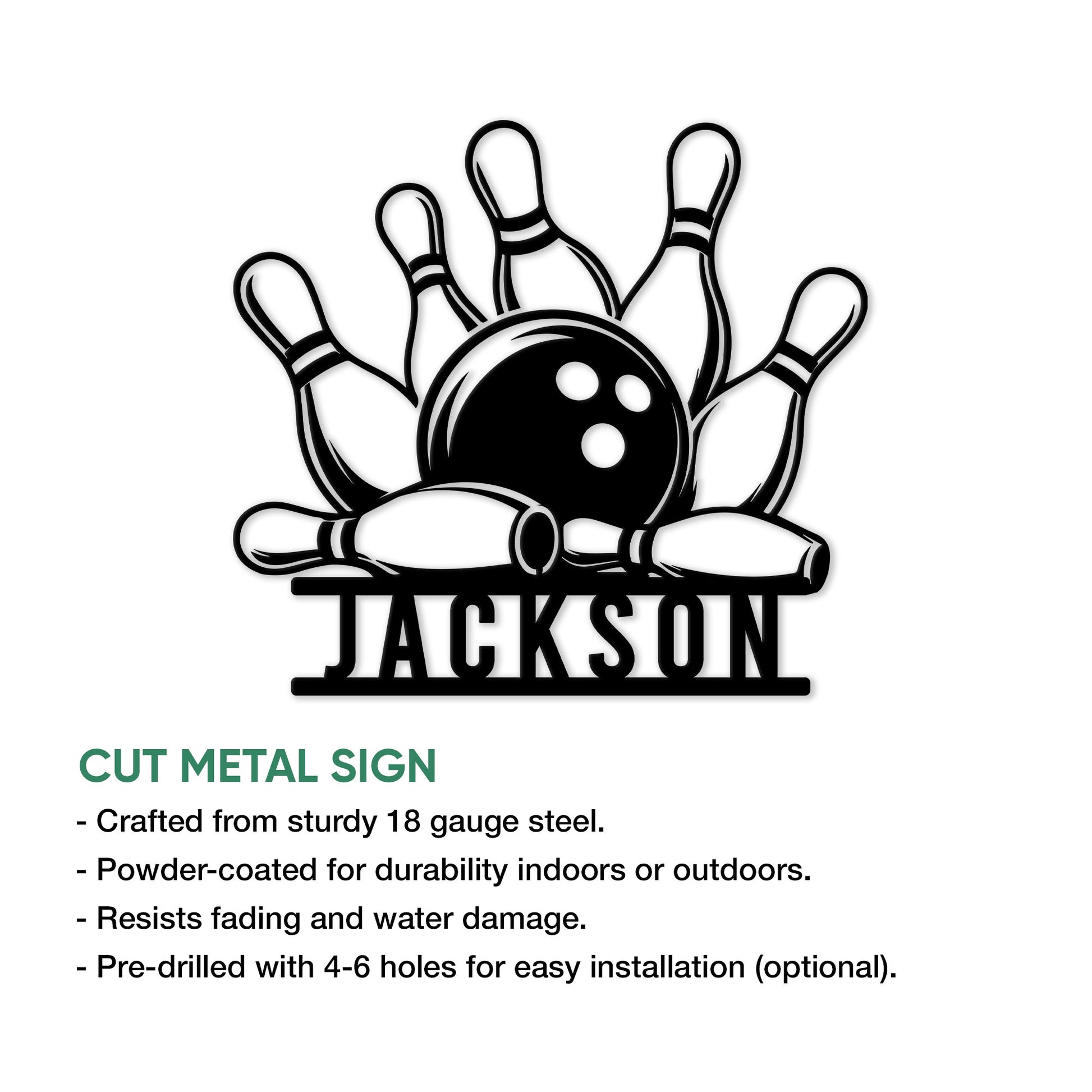 Bowling ball and pins metal sign shown as a cut metal wall decor design