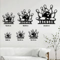 Bowling sign size guide showing multiple available square sizes displayed in a living room