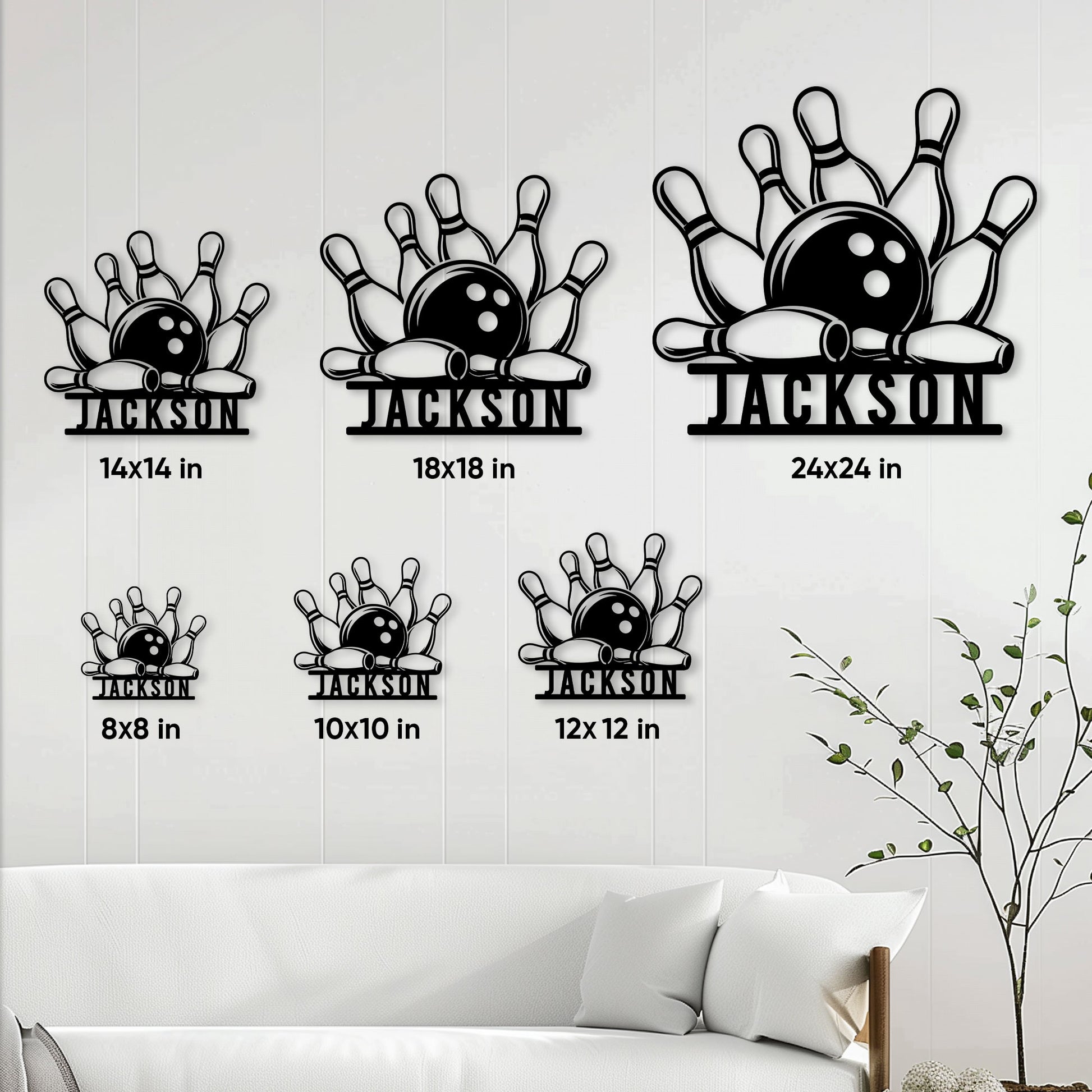 Bowling sign size guide showing multiple available square sizes displayed in a living room