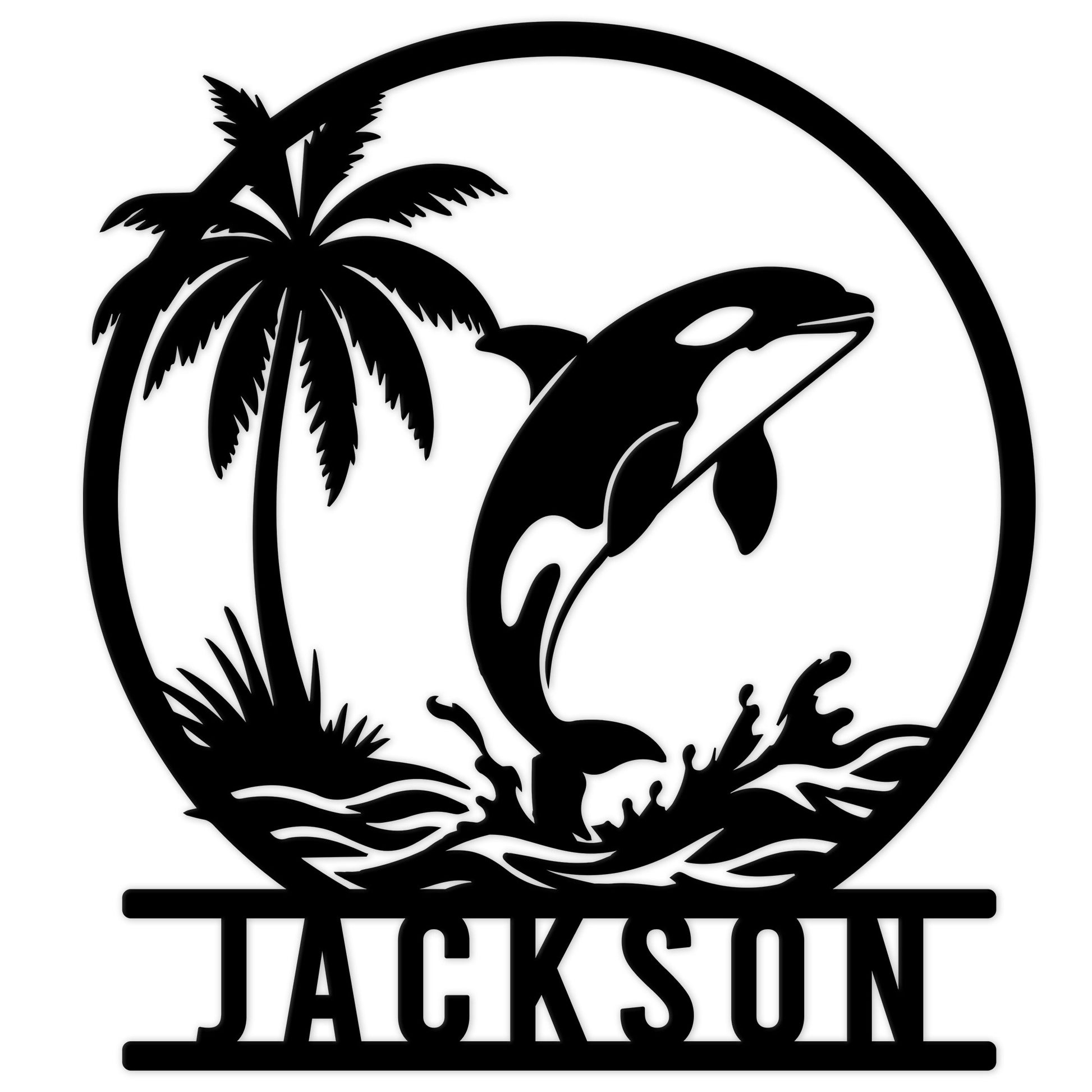 Black metal orca sign with a breaching killer whale, palm trees, ocean waves, and circular frame