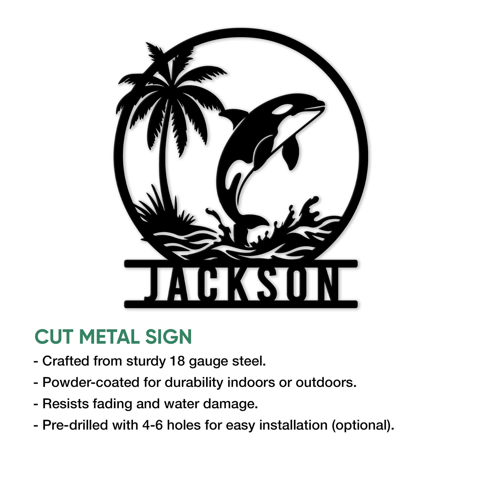 Orca metal sign shown as a cutout wall design with a breaching whale and tropical island scene