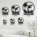 Orca metal sign size guide showing six square size options in a living room setting
